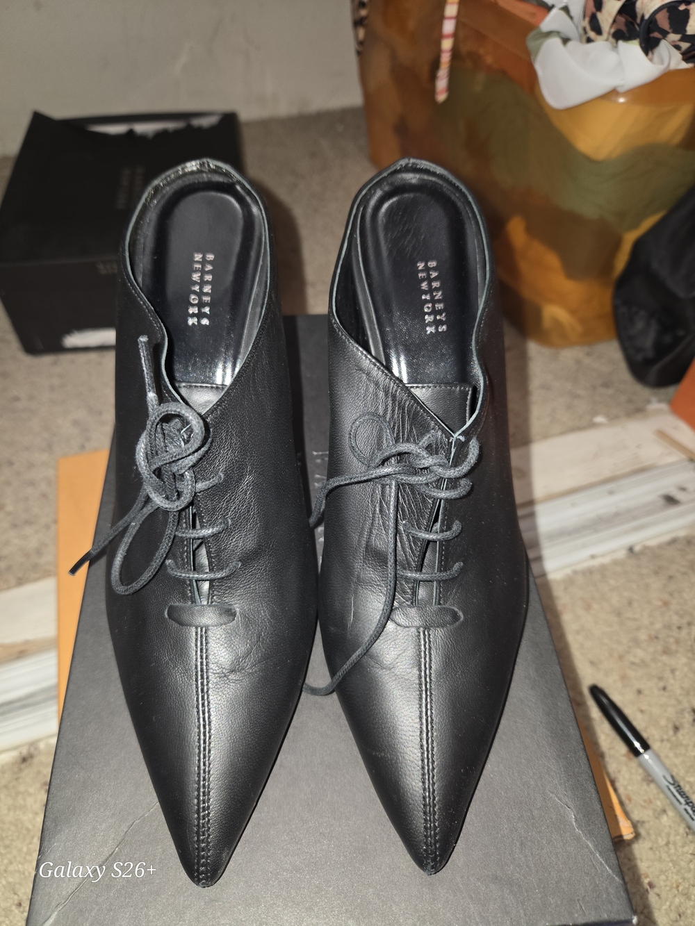 Barneys New York Women's Black Pointed Lace-Up Leather Shoes